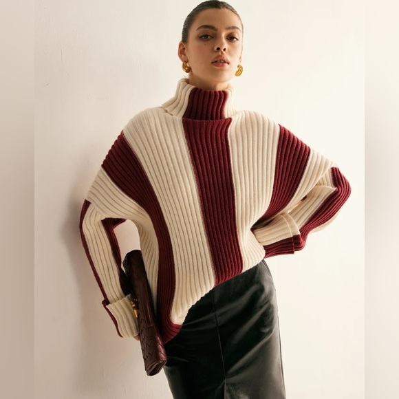 Commense Womens Large Ivory Maroon Striped Chunky Oversized Sweater New - Picture 1 of 10